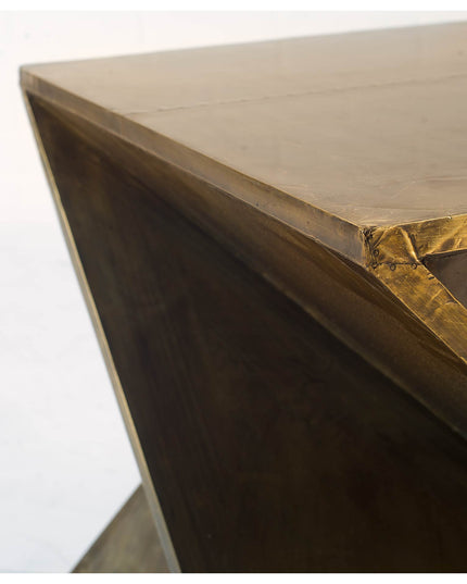 21" Brass Clad Distressed Wood Abstract End Table