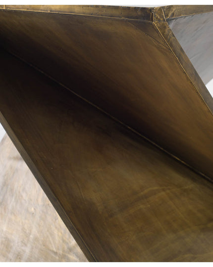 21" Brass Clad Distressed Wood Abstract End Table