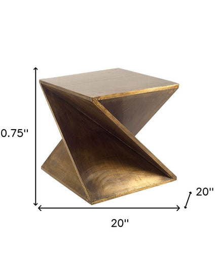 21" Brass Clad Distressed Wood Abstract End Table