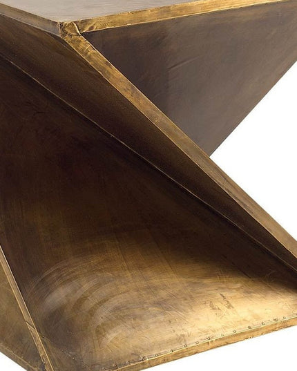 21" Brass Clad Distressed Wood Abstract End Table