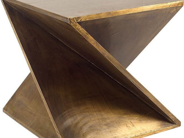 21" Brass Clad Distressed Wood Abstract End Table