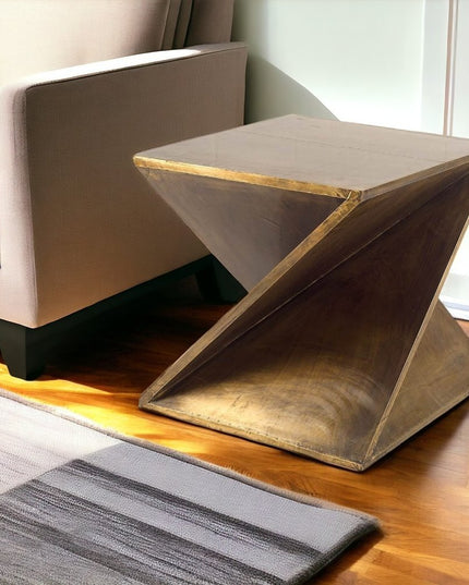 21" Brass Clad Distressed Wood Abstract End Table