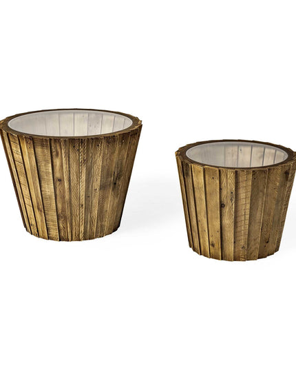 Set of Two 19" Brown And Clear Glass Round End Table