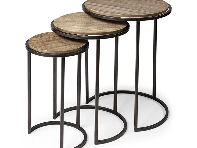 Set of Three 27" Black And Brown Solid Wood Round End Table