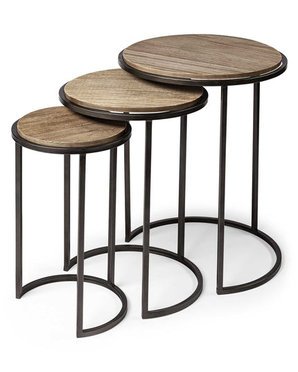 Set of Three 27" Black And Brown Solid Wood Round End Table