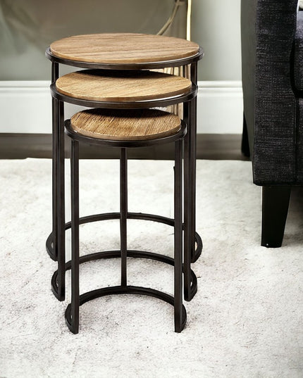 Set of Three 27" Black And Brown Solid Wood Round End Table