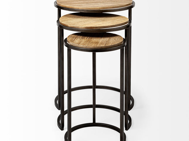 Set of Three 27" Black And Brown Solid Wood Round End Table