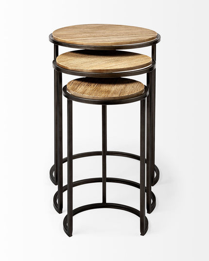 Set of Three 27" Black And Brown Solid Wood Round End Table