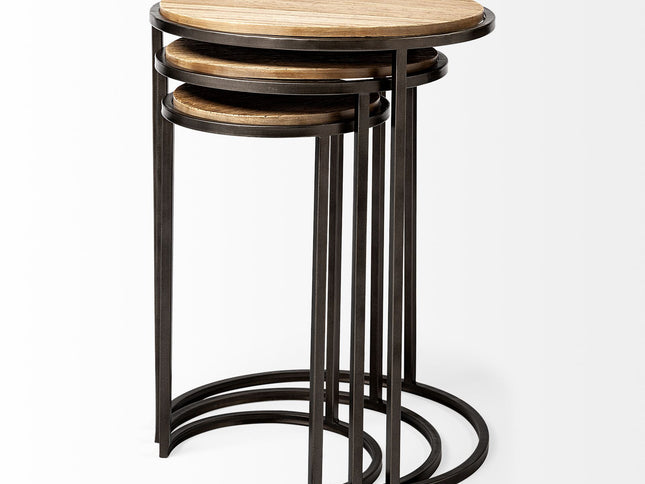 Set of Three 27" Black And Brown Solid Wood Round End Table