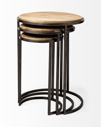 Set of Three 27" Black And Brown Solid Wood Round End Table