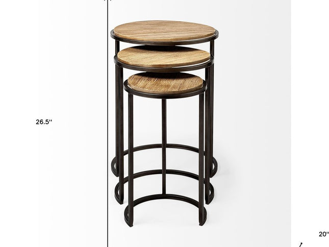 Set of Three 27" Black And Brown Solid Wood Round End Table