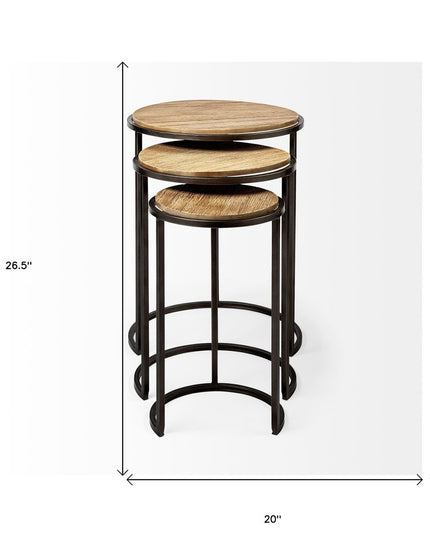 Set of Three 27" Black And Brown Solid Wood Round End Table