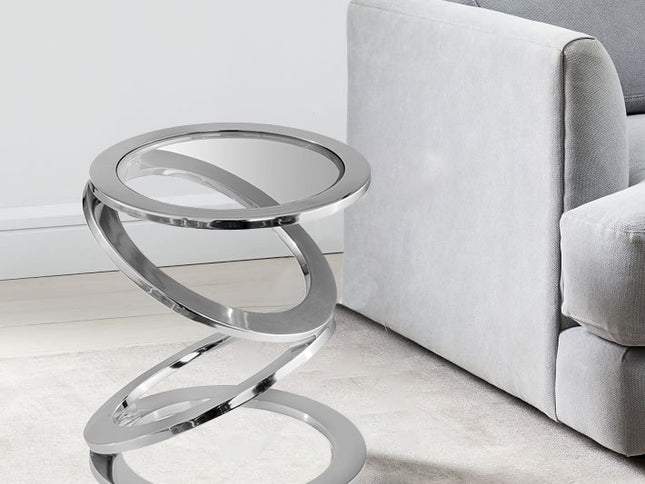 17" Silver And Clear Glass and Aluminum Round Abstract End Table