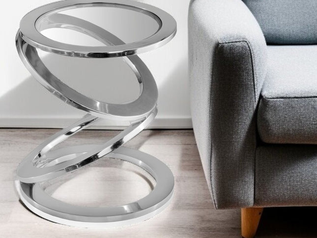 17" Silver And Clear Glass and Aluminum Round Abstract End Table