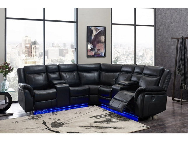 Black Polyester Blend Power Reclining L Shaped Three Piece Corner Sectional With Console