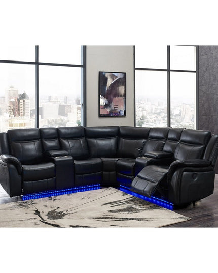 Black Polyester Blend Power Reclining L Shaped Three Piece Corner Sectional With Console