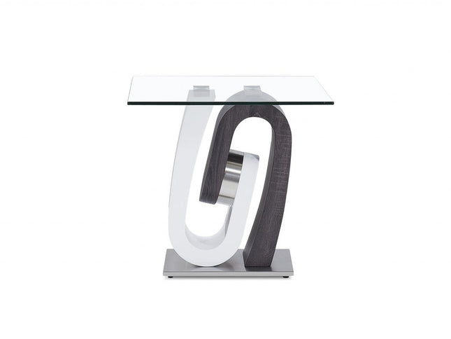 23" White Gray And Clear Glass and Wood Square Pedestal End Table
