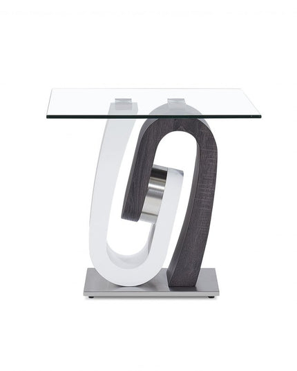 23" White Gray And Clear Glass and Wood Square Pedestal End Table