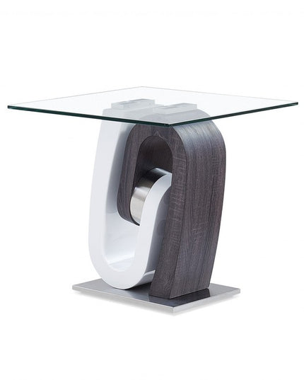 23" White Gray And Clear Glass and Wood Square Pedestal End Table