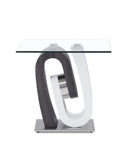 23" White Gray And Clear Glass and Wood Square Pedestal End Table