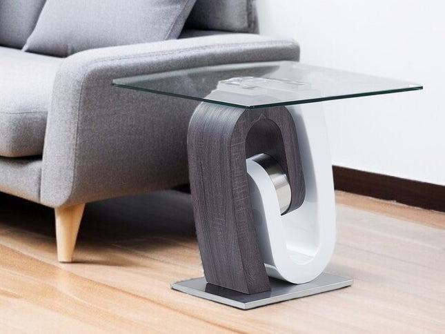 23" White Gray And Clear Glass and Wood Square Pedestal End Table