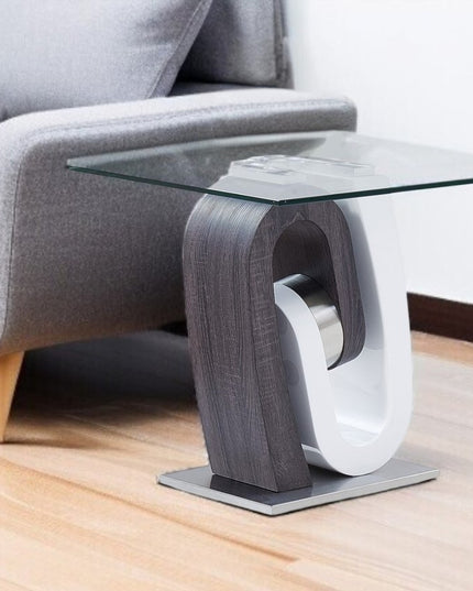 23" White Gray And Clear Glass and Wood Square Pedestal End Table