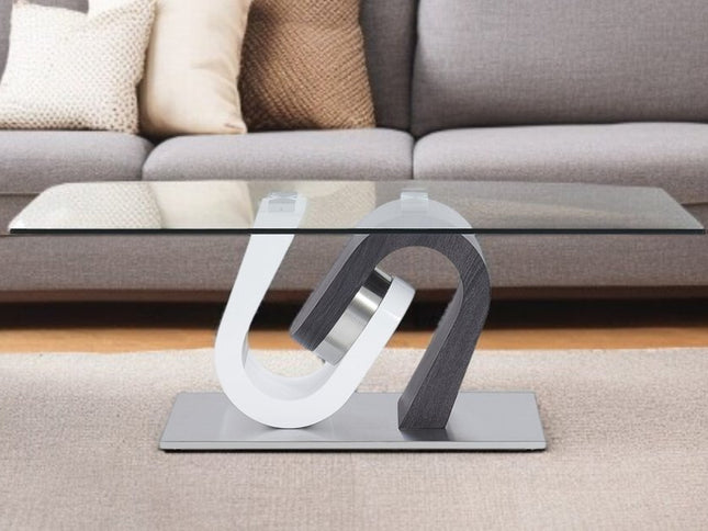 48" Clear Gray and White Glass And Steel Mod Coffee Table