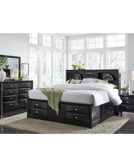 59" Black Solid Wood Mirrored Five Drawer Dresser