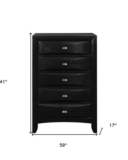 59" Black Solid Wood Mirrored Five Drawer Dresser