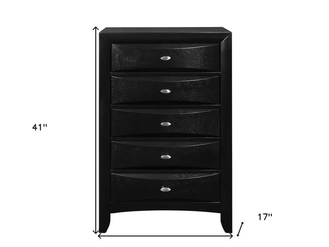59" Black Solid Wood Mirrored Five Drawer Dresser