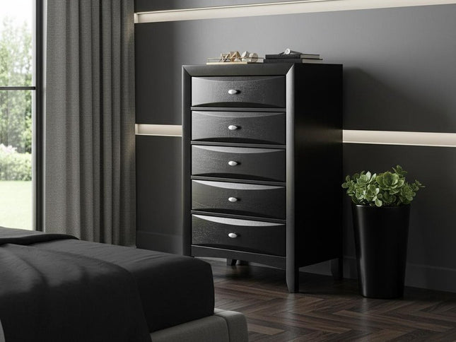 59" Black Solid Wood Mirrored Five Drawer Dresser