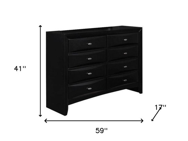 59" Black Solid Wood Mirrored Five Drawer Dresser