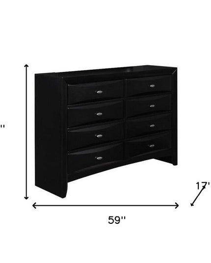 59" Black Solid Wood Mirrored Five Drawer Dresser