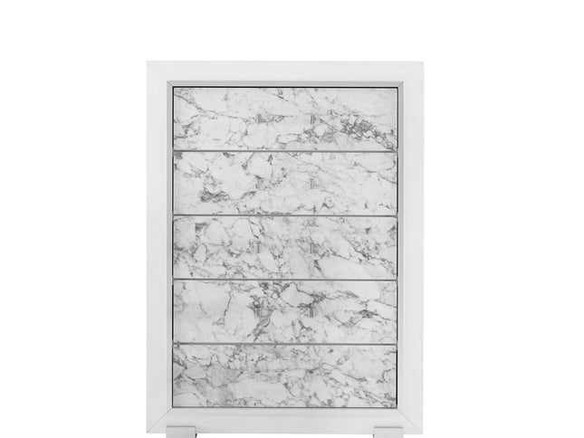 Modern White Chest With 5 Faux Marble Detailed Front Drawer.