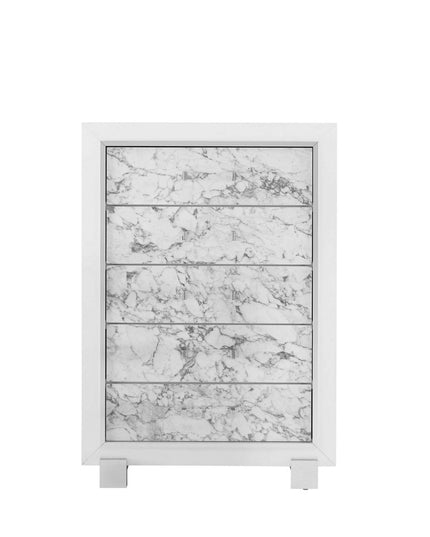 Modern White Chest With 5 Faux Marble Detailed Front Drawer.