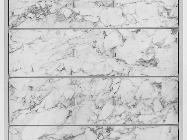Modern White Chest With 5 Faux Marble Detailed Front Drawer.