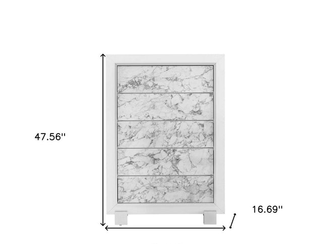 Modern White Chest With 5 Faux Marble Detailed Front Drawer.