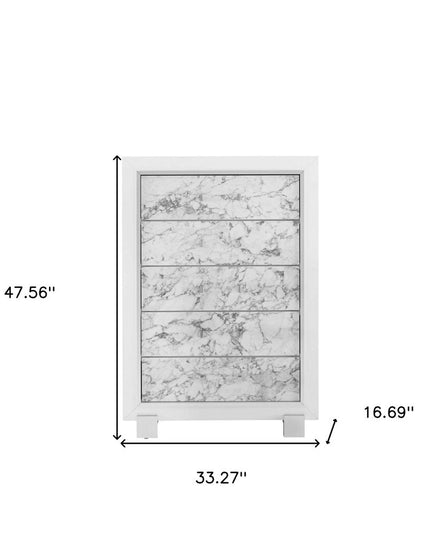 Modern White Chest With 5 Faux Marble Detailed Front Drawer.