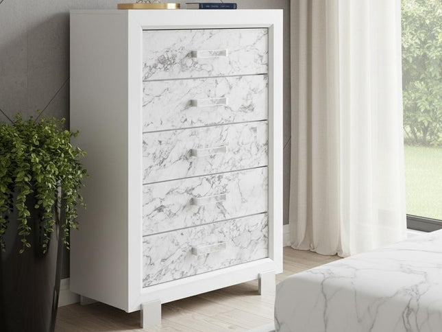 Modern White Chest With 5 Faux Marble Detailed Front Drawer.