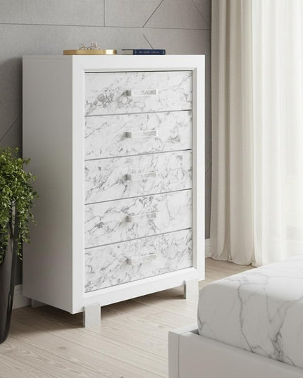 Modern White Chest With 5 Faux Marble Detailed Front Drawer.
