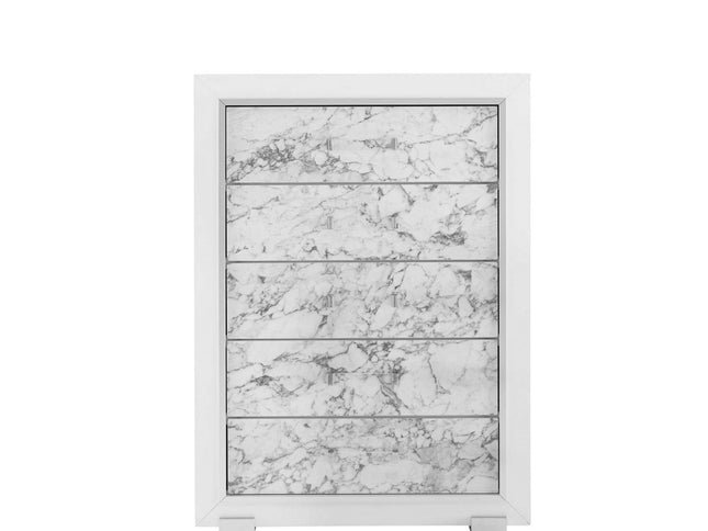 Modern White Chest With 5 Faux Marble Detailed Front Drawer.