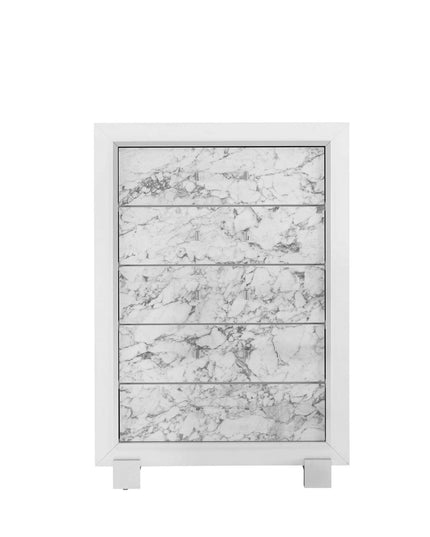 Modern White Chest With 5 Faux Marble Detailed Front Drawer.