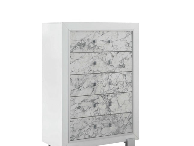 Modern White Chest With 5 Faux Marble Detailed Front Drawer.