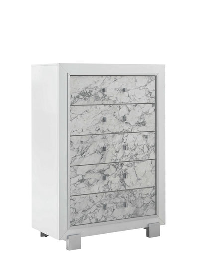Modern White Chest With 5 Faux Marble Detailed Front Drawer.