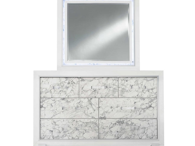 Modern White Chest With 5 Faux Marble Detailed Front Drawer.