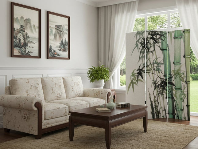 72" Green And White Canvas Folding Three Panel Screen Room Divider