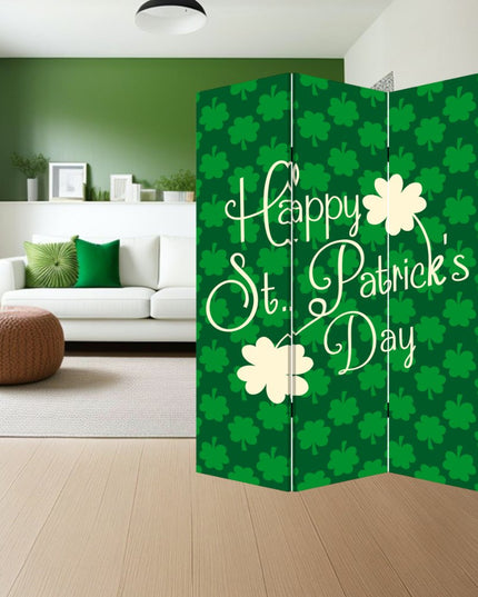 72" Green and White CanvasFolding Three Panel Screen Room Divider