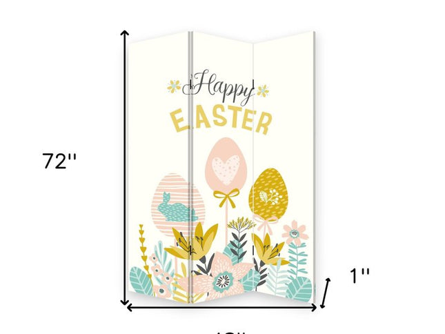 72" Yellow and White Canvas Folding Three Panel Screen Room Divider