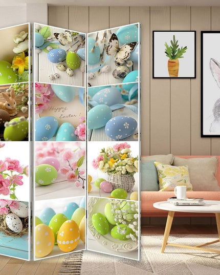 72" Yellow and White Canvas Folding Three Panel Screen Room Divider