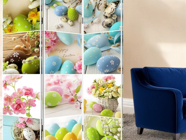 72" Yellow and White Canvas Folding Three Panel Screen Room Divider